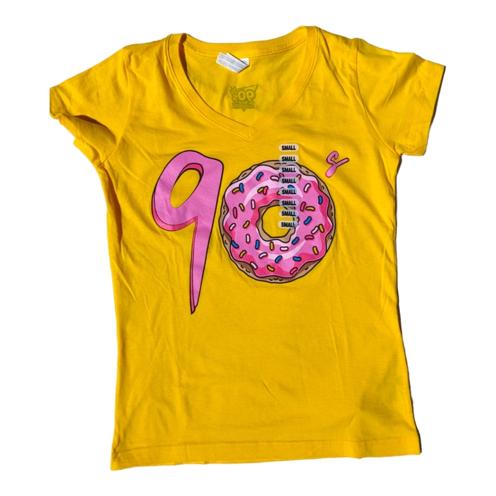 90's Experience Womens 90's Donut Simpson's Yellow/Pink VNeck Tee
